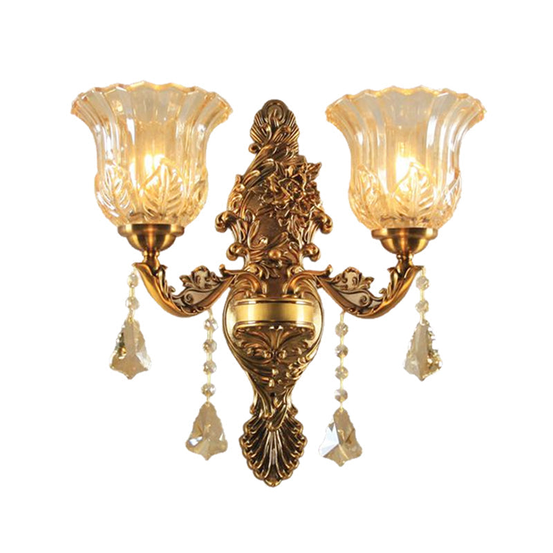Brass Wall Lamp With Flower Shade Ribbed Glass - Traditional 2-Head Lighting For Living Room