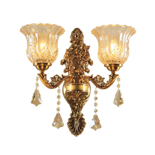 Brass Wall Lamp With Flower Shade Ribbed Glass - Traditional 2-Head Lighting For Living Room