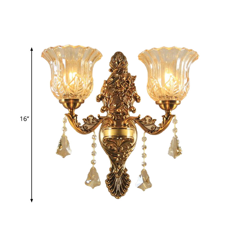 Brass Wall Lamp With Flower Shade Ribbed Glass - Traditional 2-Head Lighting For Living Room