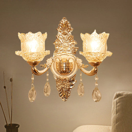 Mid Century Clear Crystal Glass Flower Corner Sconce Lighting - Gold Wall Mounted Lamp