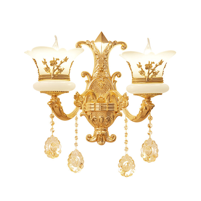 Mid-Century Gold Wall Mounted Lamp With Frosted Glass - Flower Bedside Light Fixture