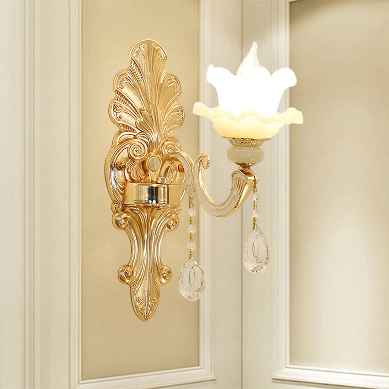Mid Century Opal Glass Wall Sconce With Gold Finish & Flower Shade - Single Light Mounted