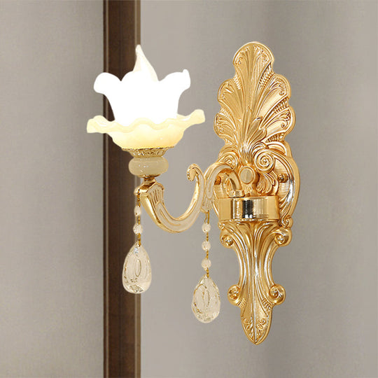 Mid Century Opal Glass Wall Sconce With Gold Finish & Flower Shade - Single Light Mounted