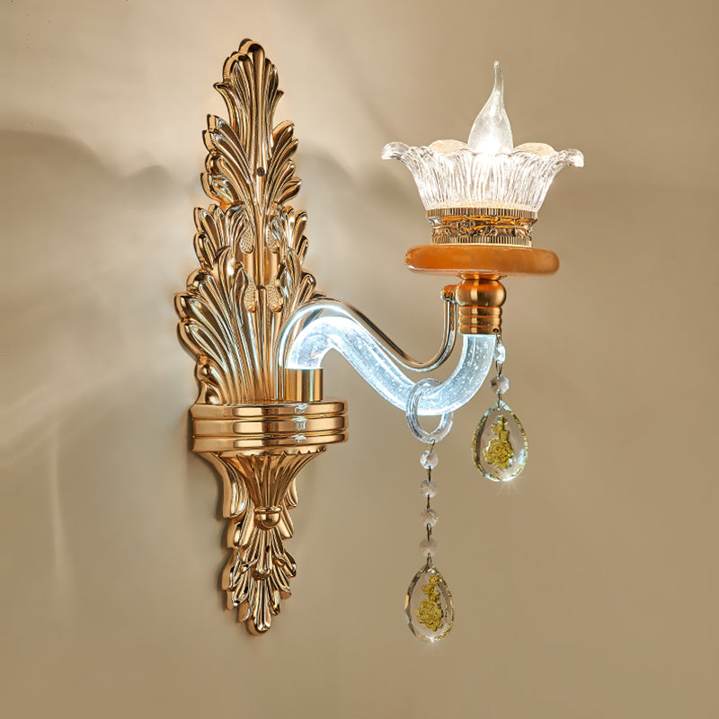 Gold Crystal Wall Sconce Lamp: Traditional Curved Arm Design - Single Bulb Light Fixture