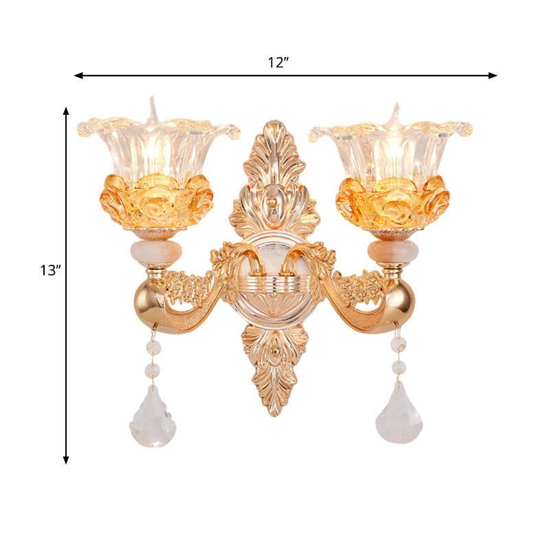 Traditional Gold Crystal Sconce With 2 Bulbs - Elegant Wall Mount Light Fixture