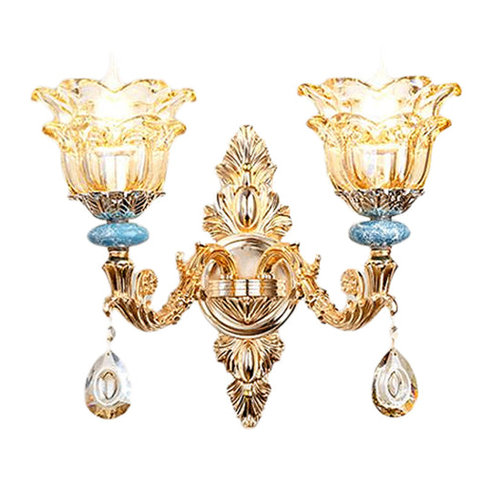Golden Floral Crystal Wall Lamp Kit - 2-Layer 1/2-Bulb Option For Bedside Mounting
