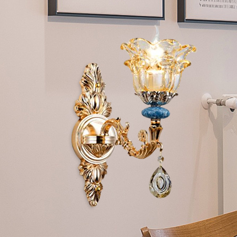 Golden Floral Crystal Wall Lamp Kit - 2-Layer 1/2-Bulb Option For Bedside Mounting