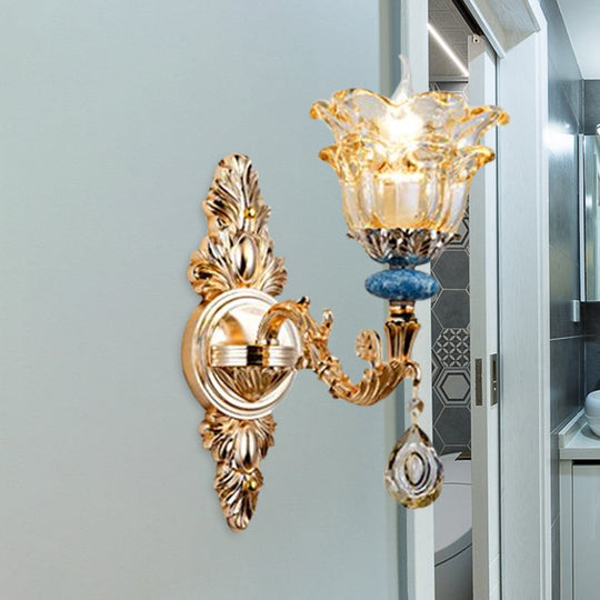 Golden Floral Crystal Wall Lamp Kit - 2-Layer 1/2-Bulb Option For Bedside Mounting