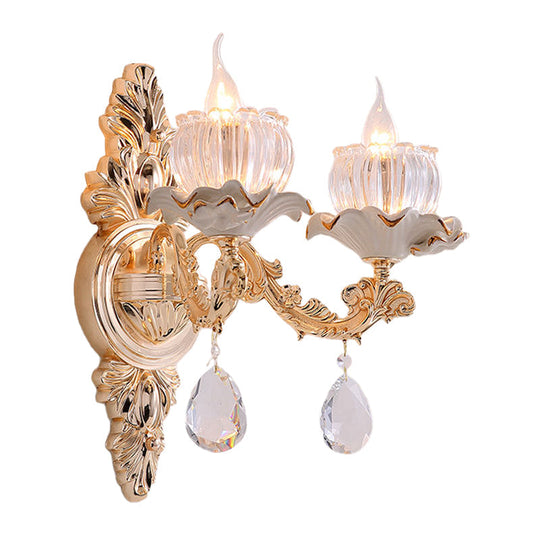 Rustic Gold Ruffle Wall Mount Sconce Light With Clear Ribbed Glass - Traditional Design