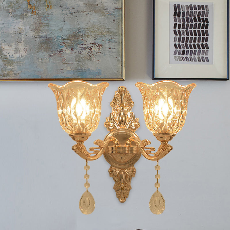 Gold Clear Textured Glass Sconce: Traditional Bell Shaped Wall Mounted Lamp - 1/2-Light 2 /