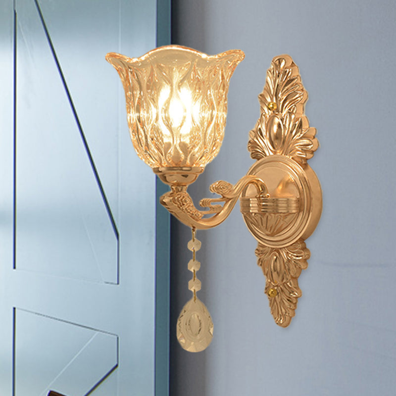 Gold Clear Textured Glass Sconce: Traditional Bell Shaped Wall Mounted Lamp - 1/2-Light 1 /