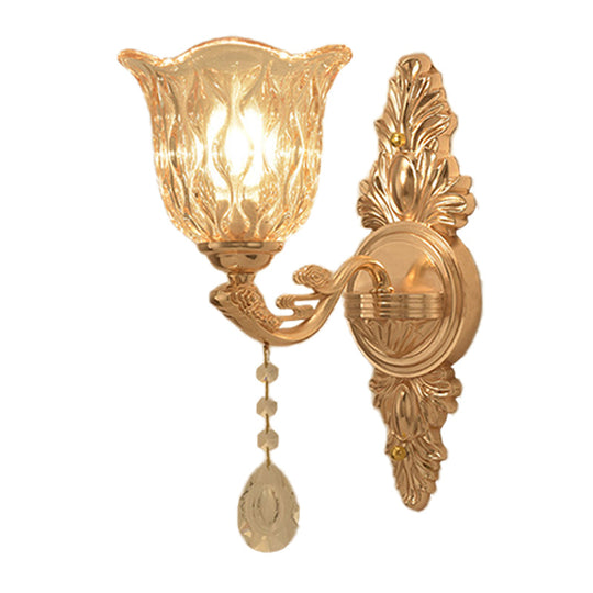 Gold Clear Textured Glass Sconce: Traditional Bell Shaped Wall Mounted Lamp - 1/2-Light