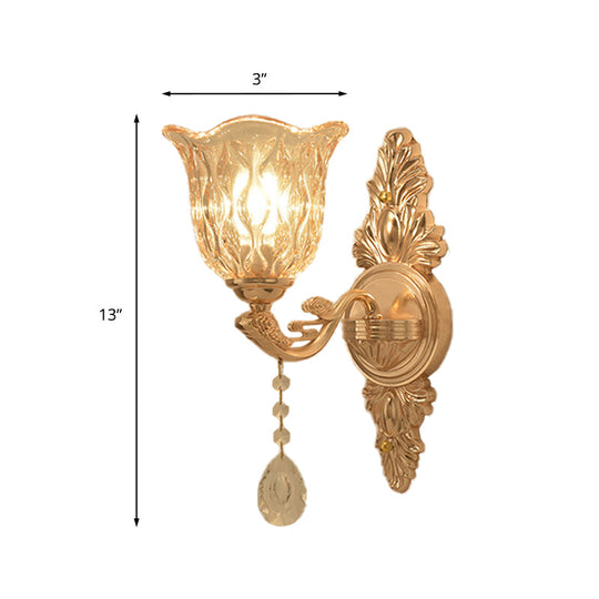 Gold Clear Textured Glass Sconce: Traditional Bell Shaped Wall Mounted Lamp - 1/2-Light