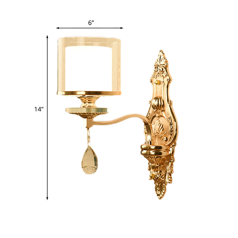 Retro Gold Wall Sconce With Clear And Frosted Glass Shade - 1 Light Mount Lamp For Living Room