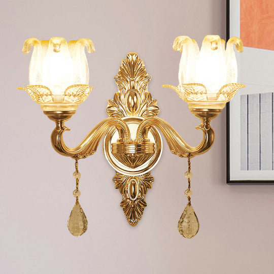 Traditional Gold Sconce Light With Frosted Glass Floral Design - Ideal For Living Room Wall Lighting