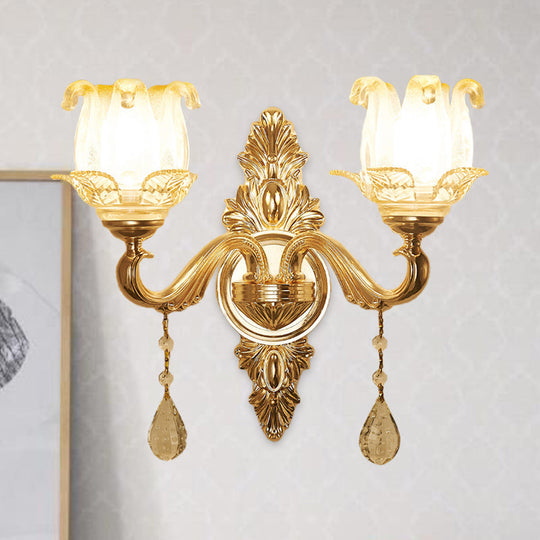 Traditional Gold Sconce Light With Frosted Glass Floral Design - Ideal For Living Room Wall Lighting