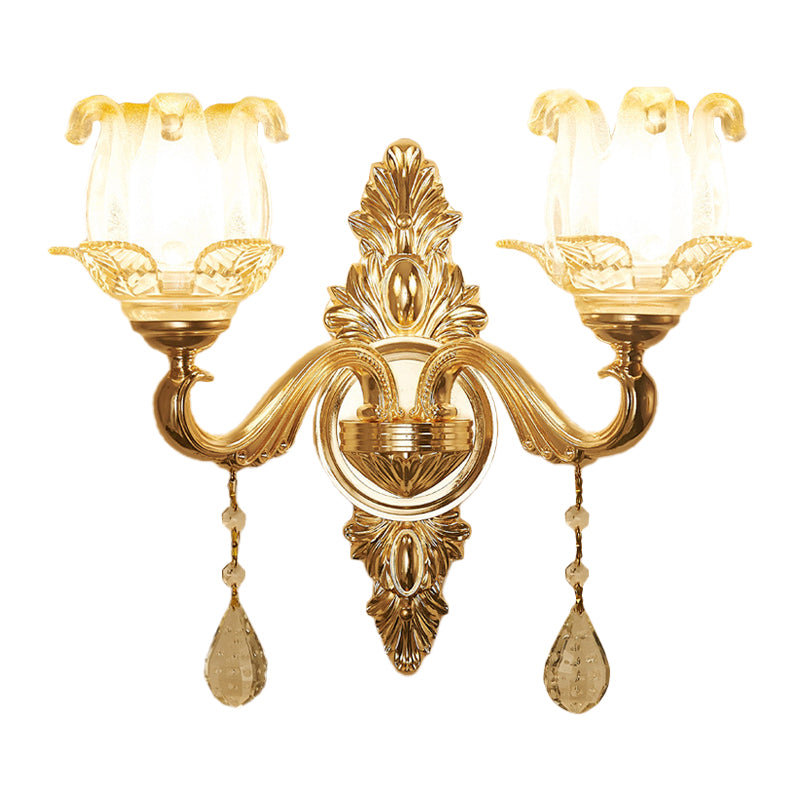 Traditional Gold Sconce Light With Frosted Glass Floral Design - Ideal For Living Room Wall Lighting