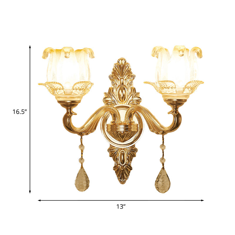 Traditional Gold Sconce Light With Frosted Glass Floral Design - Ideal For Living Room Wall Lighting