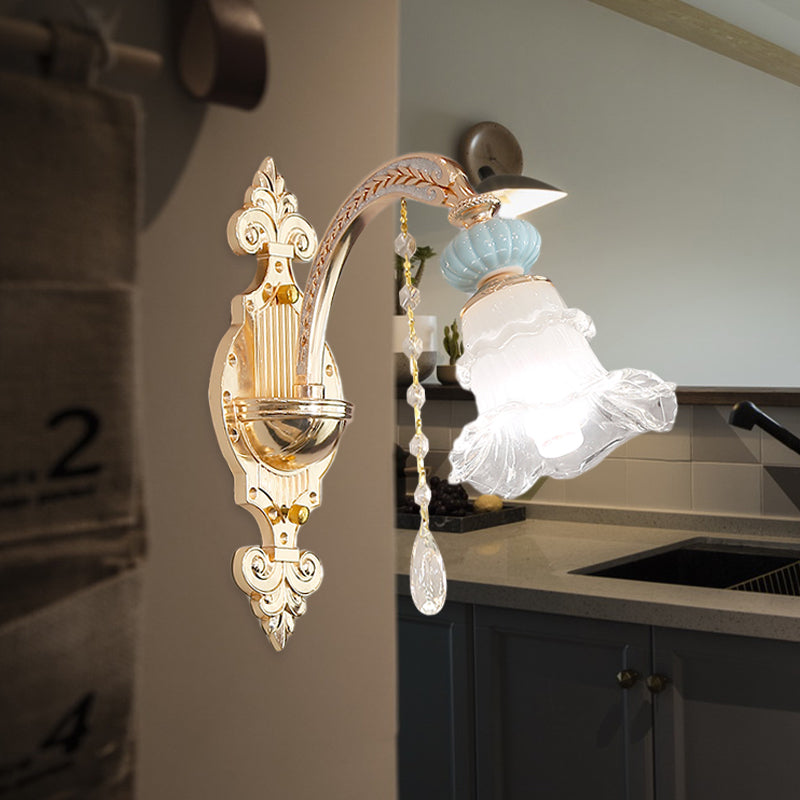 Traditional Blue Frosted Glass Wall Sconce With Ceramic Accent And Ruffle Trim