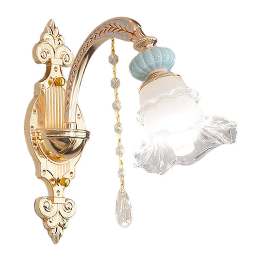 Traditional Blue Frosted Glass Wall Sconce With Ceramic Accent And Ruffle Trim