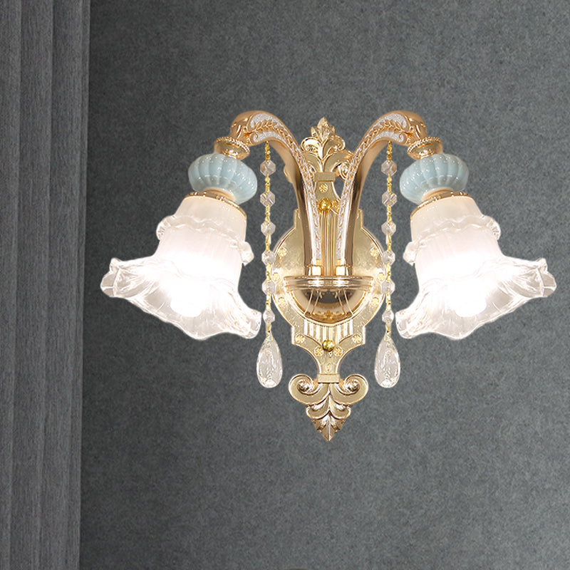 Traditional Blue Frosted Glass Wall Sconce With Ceramic Accent And Ruffle Trim 2 /