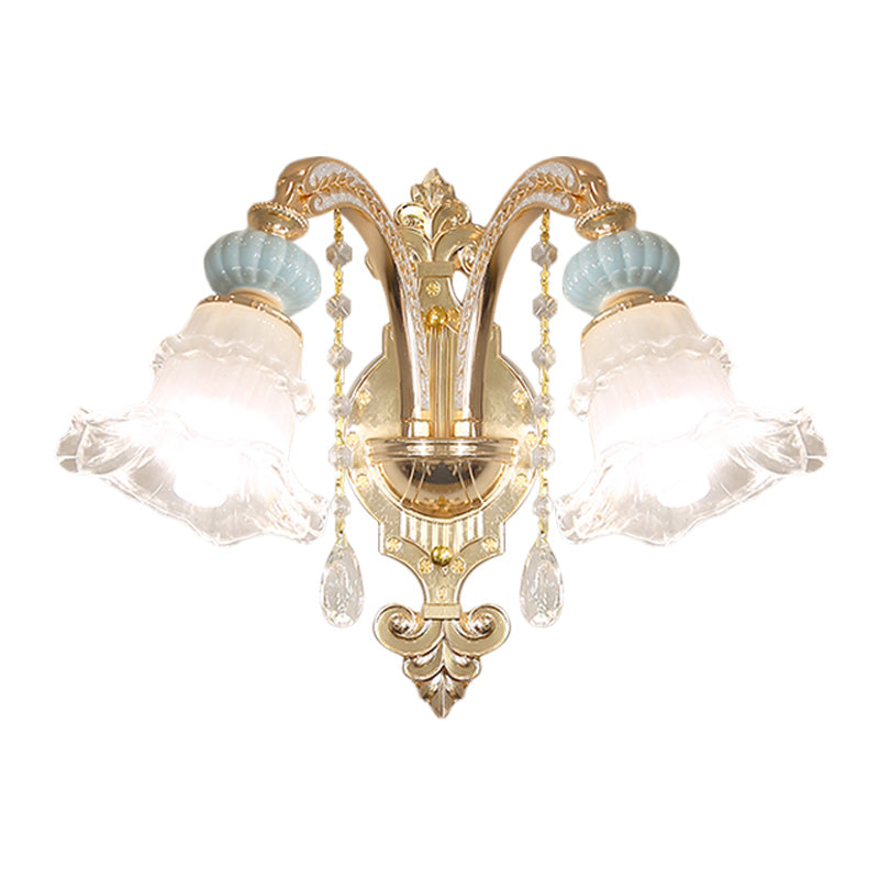 Traditional Blue Frosted Glass Wall Sconce With Ceramic Accent And Ruffle Trim