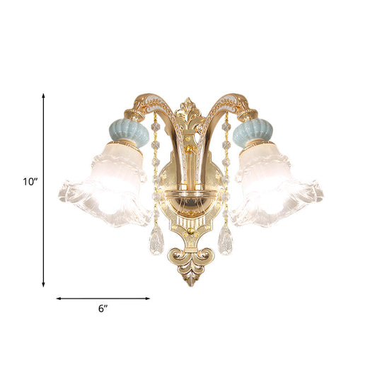 Traditional Blue Frosted Glass Wall Sconce With Ceramic Accent And Ruffle Trim