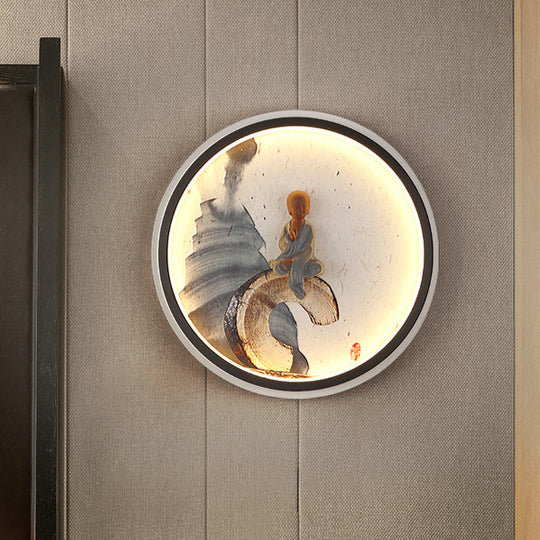Led Asian Buddha Boy Mural Lamp: Wall Mounted Aluminum Lighting With Black Halo Ring - Ideal For