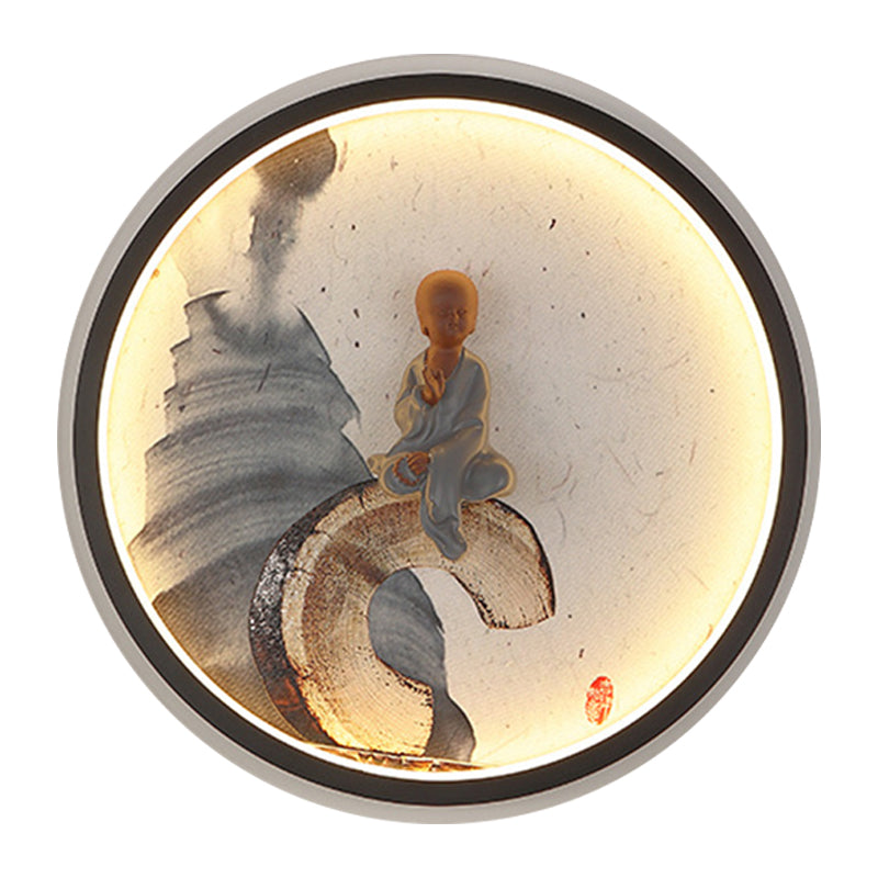 Led Asian Buddha Boy Mural Lamp: Wall Mounted Aluminum Lighting With Black Halo Ring - Ideal For