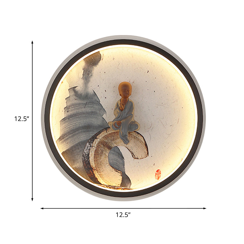 Led Asian Buddha Boy Mural Lamp: Wall Mounted Aluminum Lighting With Black Halo Ring - Ideal For