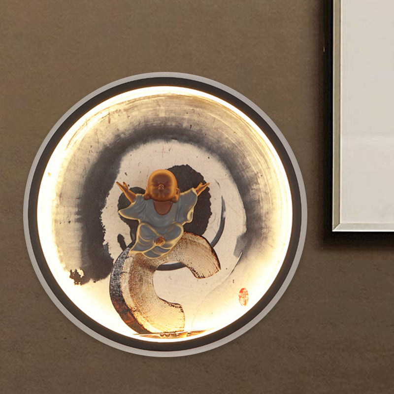 Led Asian Buddha Boy Mural Lamp: Wall Mounted Aluminum Lighting With Black Halo Ring - Ideal For