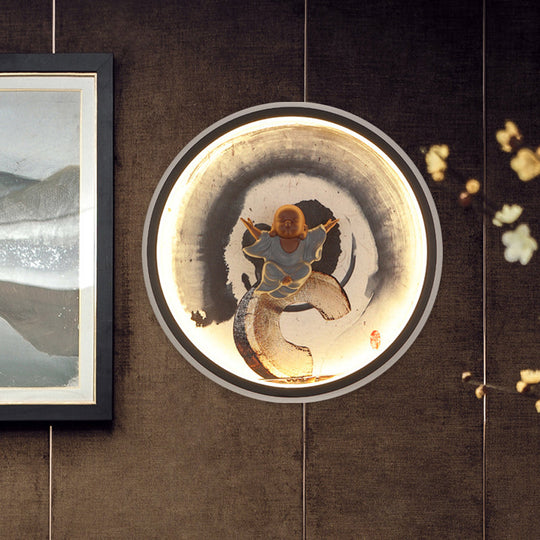 Led Asian Buddha Boy Mural Lamp: Wall Mounted Aluminum Lighting With Black Halo Ring - Ideal For
