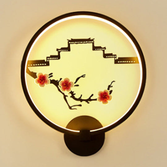 Black Ceramic Plum Flower Mural Led Bedside Lamp With Ring