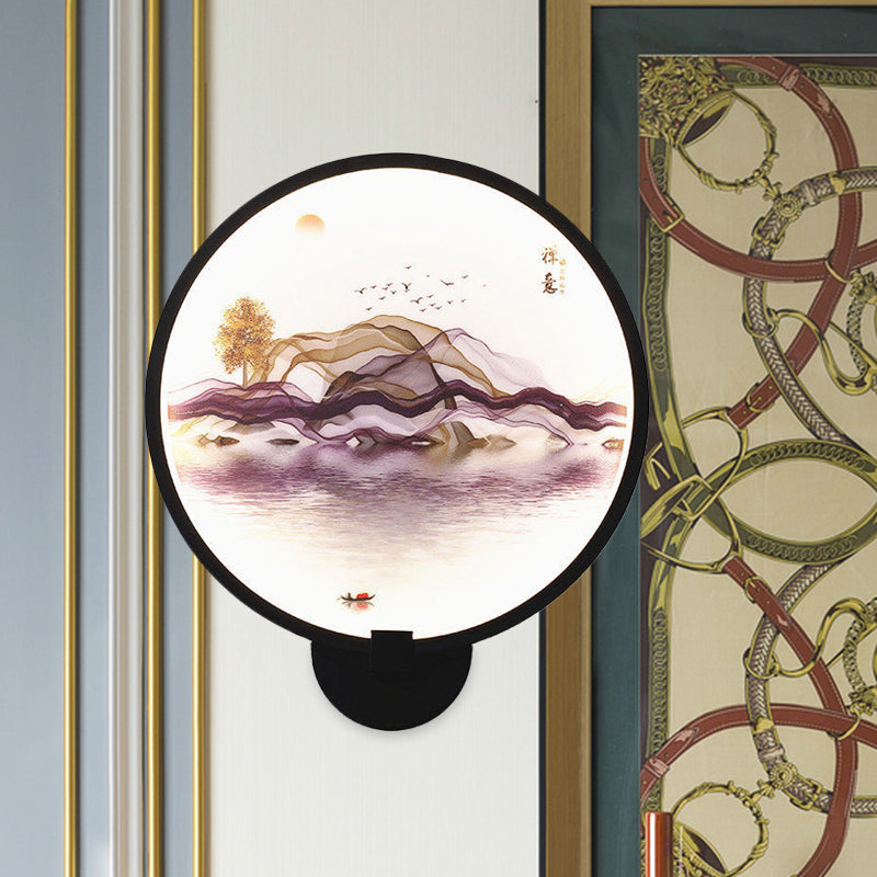 Metallic Led Wall Sconce Light - Brown/Purple Line Art Mural Lighting Asian Style For Bedroom Purple