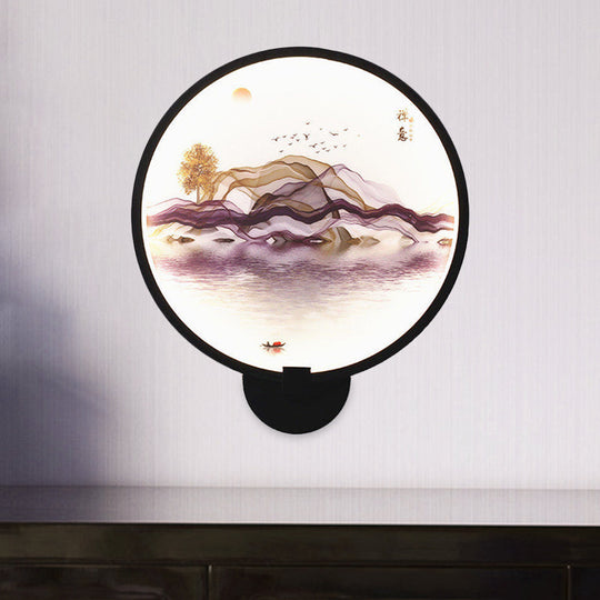 Metallic Led Wall Sconce Light - Brown/Purple Line Art Mural Lighting Asian Style For Bedroom