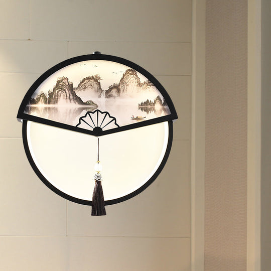 Chinese Metal Black Fan-Shaped Led Wall Lamp With Mountain Scene Mural Light And Tassel Knot Accent