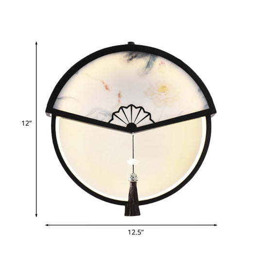 Chinese Metal Black Fan-Shaped Led Wall Lamp With Mountain Scene Mural Light And Tassel Knot Accent