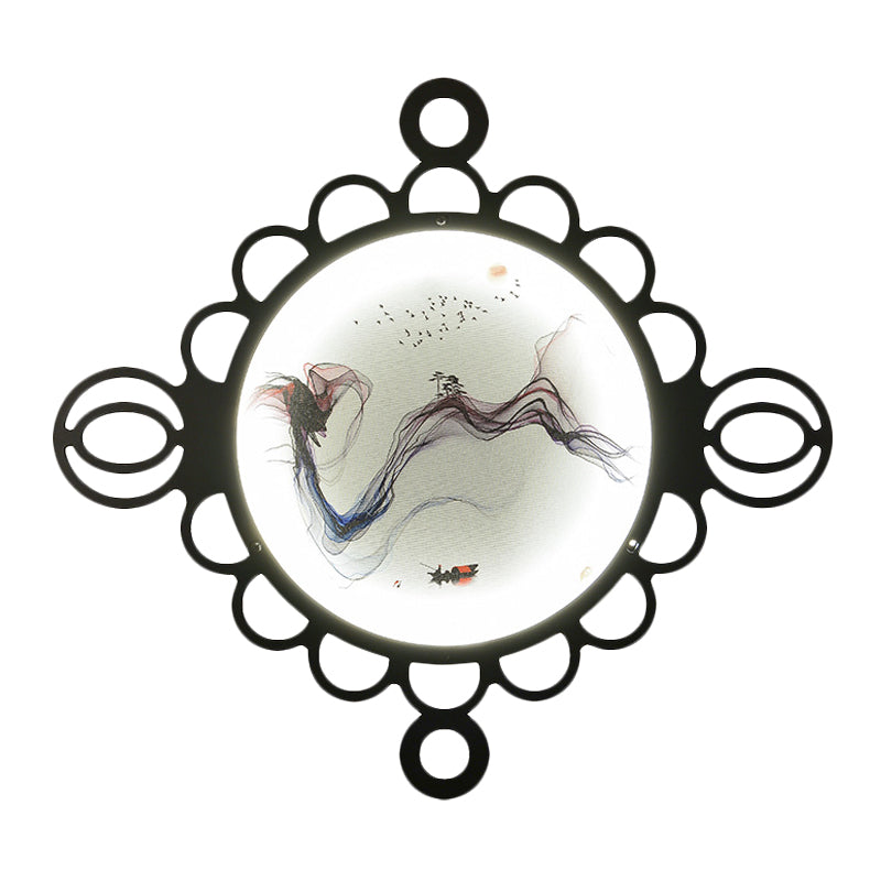 Chinese Style Mountain Landscape Metal Mural Lamp: Black Led Wall Mount Lighting With Edge Circles