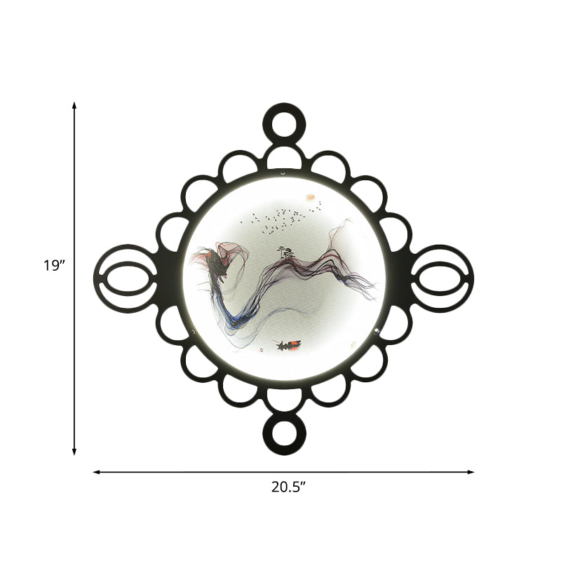 Chinese Style Mountain Landscape Metal Mural Lamp: Black Led Wall Mount Lighting With Edge Circles