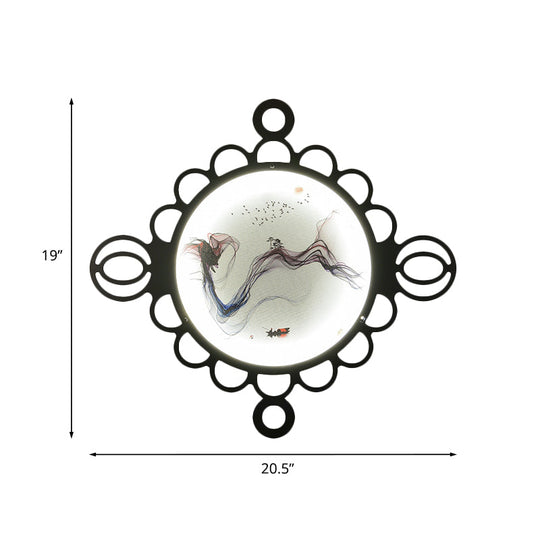 Chinese Style Mountain Landscape Metal Mural Lamp: Black Led Wall Mount Lighting With Edge Circles