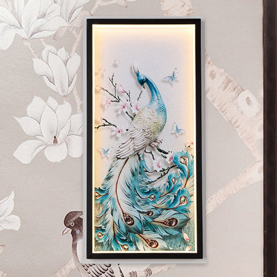 Blue Led Peacock Mural Wall Light With Aluminum Asian Design Black