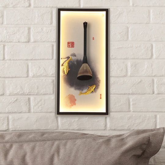 Chinese Metal Wall Lamp: Fish & Writing Brush Led Mural Light For Study Room In Black