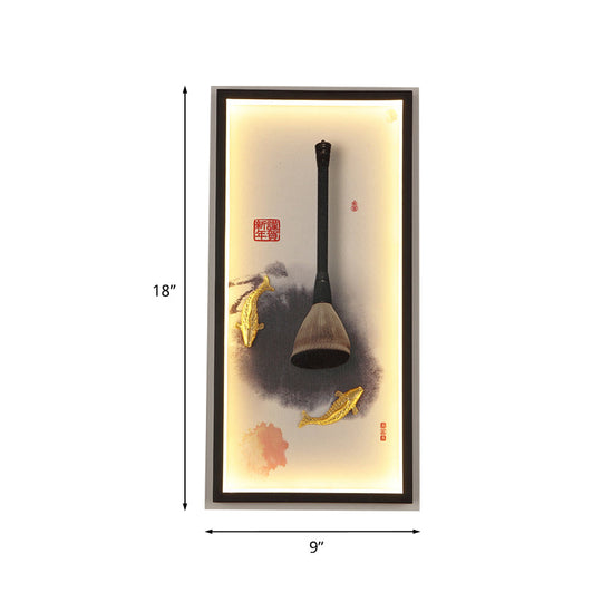 Chinese Metal Wall Lamp: Fish & Writing Brush Led Mural Light For Study Room In Black