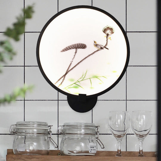 Chinese Ink House/Lotus Mural Led Circle Wall Sconce Light In Black - Acrylic Bedroom