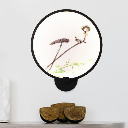 Chinese Ink House/Lotus Mural Led Circle Wall Sconce Light In Black - Acrylic Bedroom
