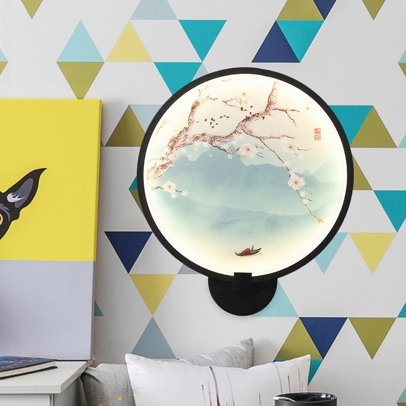 Chinese Style Acrylic Led Wall Sconce In Black Ginkgo/Blooming Plum Mural Light Fixture For Bedrooms