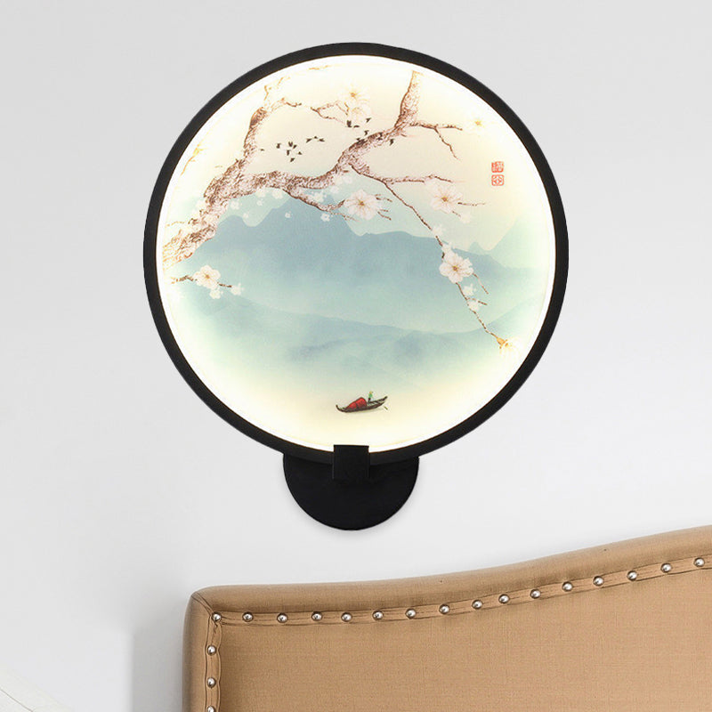 Chinese Style Acrylic Led Wall Sconce In Black Ginkgo/Blooming Plum Mural Light Fixture For Bedrooms