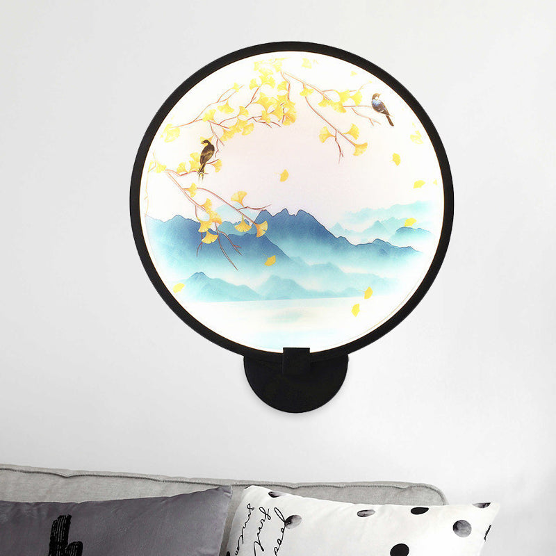 Chinese Style Acrylic Led Wall Sconce In Black Ginkgo/Blooming Plum Mural Light Fixture For Bedrooms