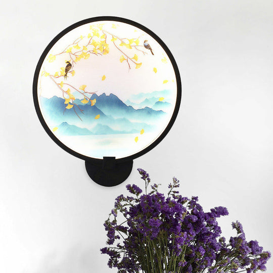 Chinese Style Acrylic Led Wall Sconce In Black Ginkgo/Blooming Plum Mural Light Fixture For Bedrooms