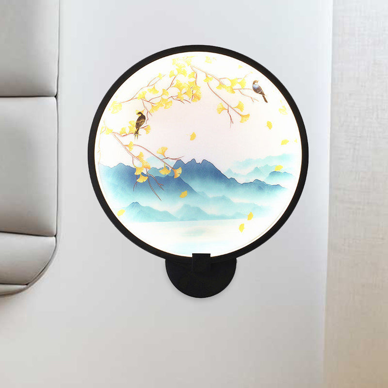 Chinese Style Acrylic Led Wall Sconce In Black Ginkgo/Blooming Plum Mural Light Fixture For Bedrooms